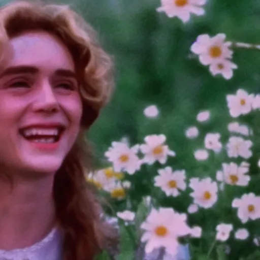 Prompt: vhs 1 9 8 0 s footage of a scene from the movie midsommar, a woman smiling while surrounded by flowers