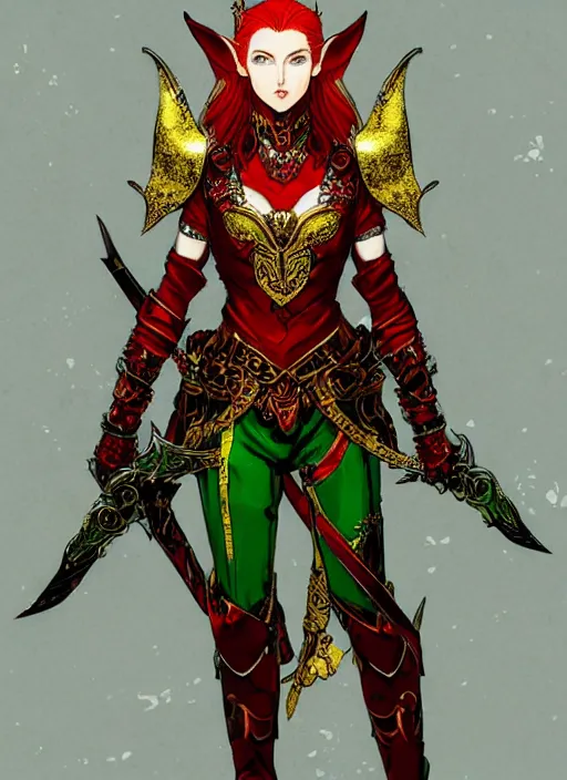 Prompt: Full body portrait of a handsome young red haired elven princess warrior wearing red, green and gold ornate leather armour and golden tiara. In style of Yoji Shinkawa and Hyung-tae Kim, trending on ArtStation, dark fantasy, great composition, concept art, highly detailed.