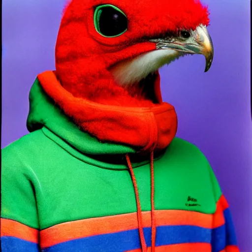 Prompt: close-up shot of a quetzal wearing hoodie in 80s, funny, Polaroid photo, by Warhol