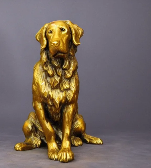 Image similar to a 4 k photorealistic photo medium shot of a bronze statue of a golden retriever.