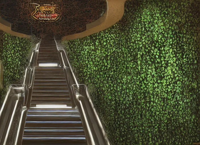 Prompt: an escalator in an abandoned mall in the 1 9 8 0 s, taken over by nature, covered in vines, nature style, hyperrealistic and beautiful painting, 8 k resolution, by hugh ferris and john smith, polished, fine detail, intricate, smooth, octane, concept art, trending on artstation