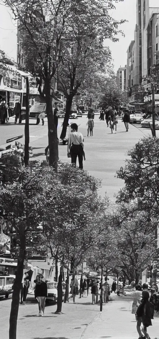 Prompt: a 1 9 8 0 s bustling city street with pedestrians and trees