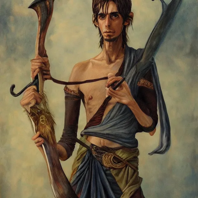 Image similar to highly detailed realistic painting of lanky disheveled artist sorcerer holding scimitar in arabian surroundings