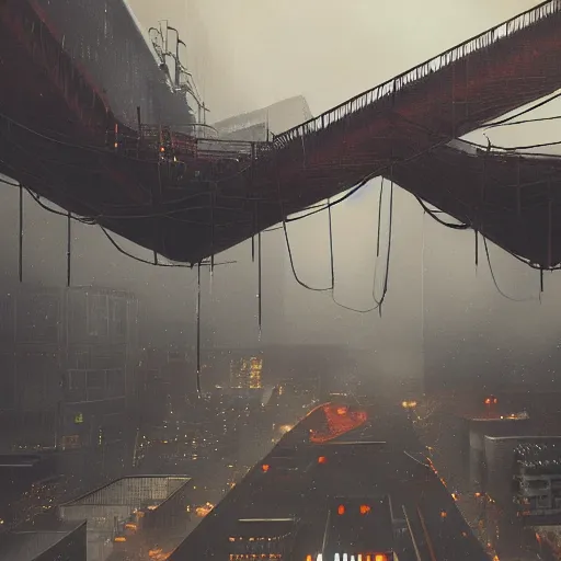 Image similar to raining dark smog wide angle shot machinery dieselpunk dystopia corrogated steel overhead walkway trending on artstation megalomaniac city