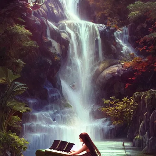 Image similar to maiden sitting on piano combined with waterfall, nature, realistic, cinematic lighting, highly detailed, digital painting, Artstation, illustration, art by Artgerm and Greg Rutkowski and Alphonse Mucha