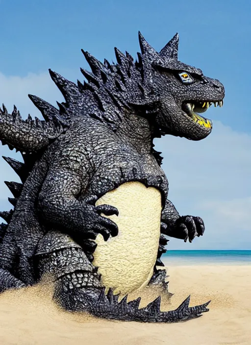 Image similar to godzilla as mozzarella on the sand of a beach