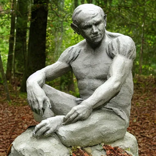 Image similar to The thinker sculpture in the style of William Bartram with mushrooms at the base, slightly buried in the forest