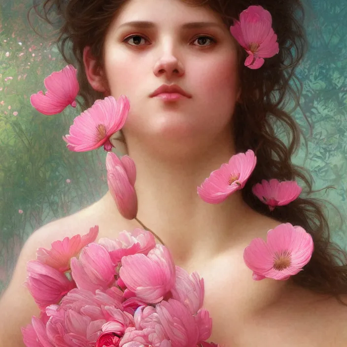 Image similar to a wonderful goddess made of pink petals as texture of the skin, intricate, elegant, highly detailed, wonderful eyes, sweet, digital painting, artstation, concept art, smooth, sharp focus, illustration, art by artgerm and greg rutkowski and alphonse mucha and william - adolphe bouguereau