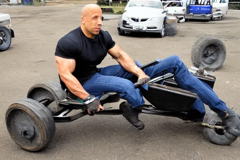 Image similar to Vin Diesel driving a wheelbarrow