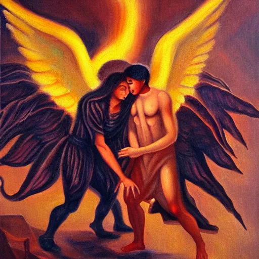 Image similar to A demon being stepped on by an angel, oil painting