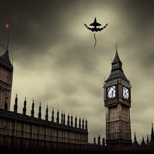 Image similar to A witch wearing a hat flying on her broom,the Big Ben is in background,gloomy lighting,creepy atmosphere,photo , highly detailed , high contrast, beautiful lighting, award winning ,u trending on art station, 8k, photo realistic