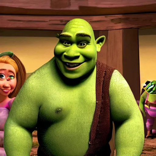 Prompt: shrek with no father figure throwin it back