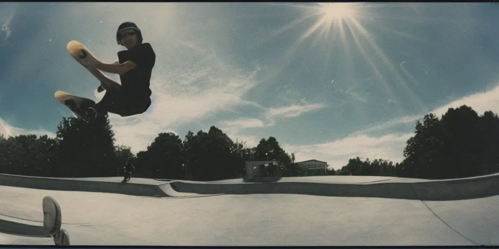 Prompt: analog polaroid photograph of a skateboarder doing an ollie, azure sky, big clouds visible, sunlight, reflection, sparkles, lensflare, film grain, depth of field, color bleed