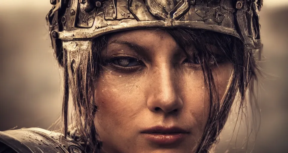 Image similar to close - up photo of a beautiful warrior princess in a battle scene, shallow depth of field, photorealistic, cinematic lighting, warm colours, dusk