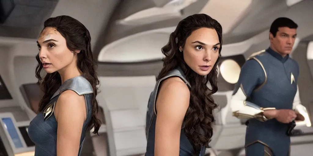 Image similar to gal gadot, in full starfleet uniform, is the captain of the starship enterprise in the new star trek movie