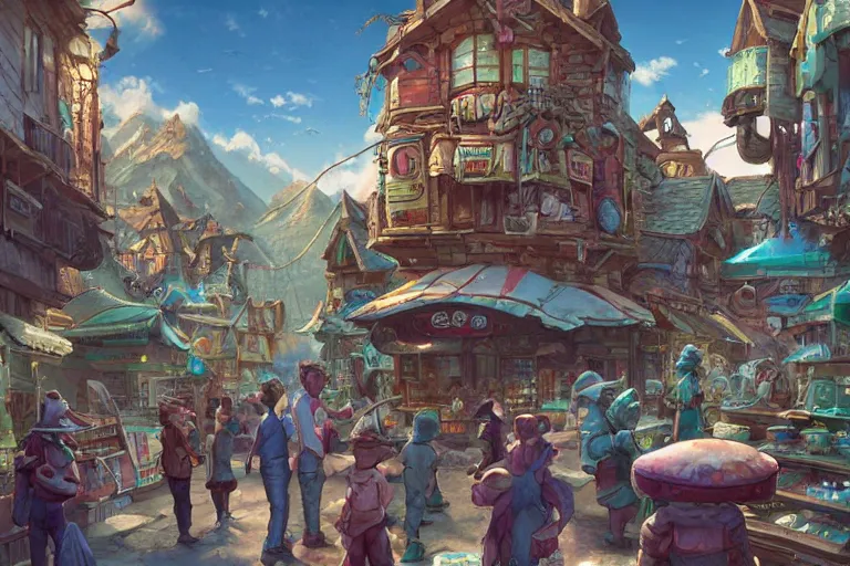 Prompt: bustling alien market cozy fantasy village street view by artgerm and Craig Mullins, James Jean, Andrey Ryabovichev, Mark Simonetti and Peter Morbacher 16k