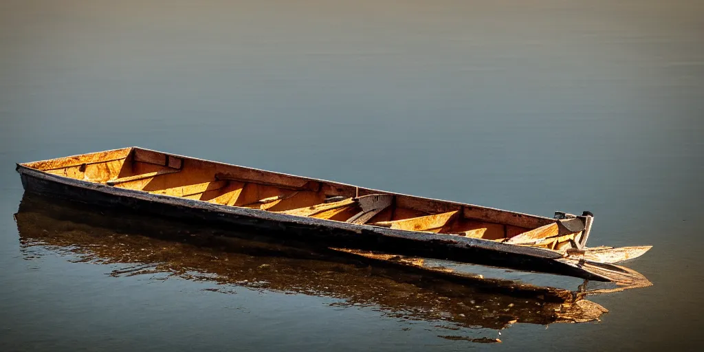 Image similar to photo of small row boat on a lake, landscape, beautiful, elegant, award winning photograph, highly detailed, high resolution photo, trending on artstation,