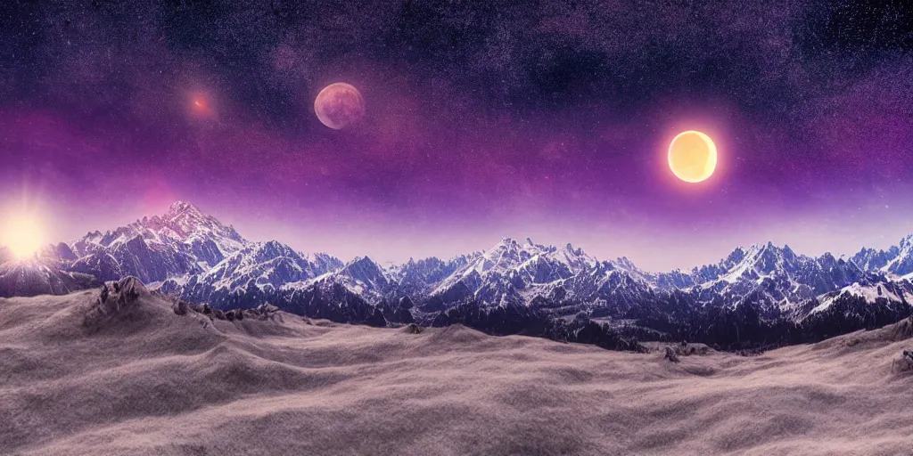 Image similar to 8k ultrarealistic Kashmir landscape with red moon and starry night in the background, icy mountains in the background