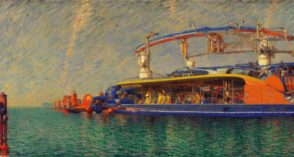 Prompt: detailed close - up of a side view full shot of a energypunk futuristic neon robotic cyberpunk steamboat in the senna river, people waving, impressionism, oil on canvas, natural colors, horizon, golden hour, masterpiece, detailed, by gustave caillebotte, wlop, mucha, greg rutkowski