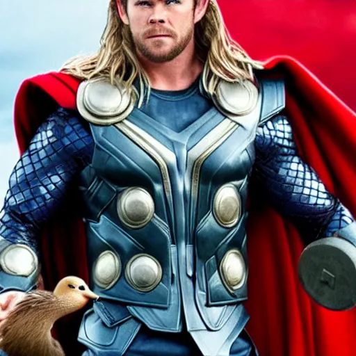 Image similar to chris hemsworth as thor holding a duck, highly detailed, realistic face, 4k, hd