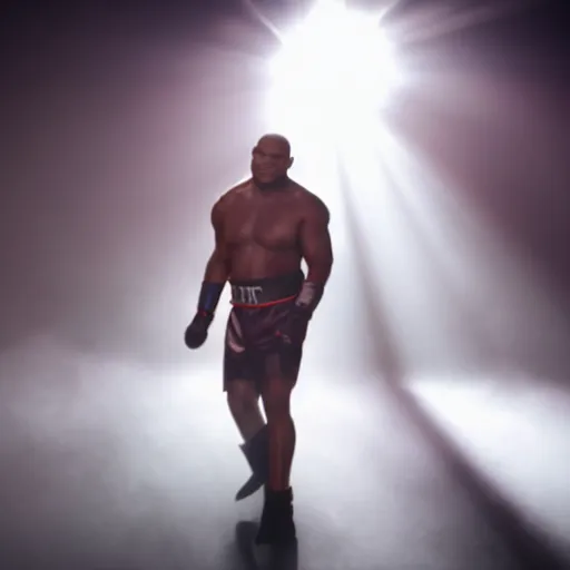 Image similar to a still of mike tyson, cinematic, 4 k, god rays through fog