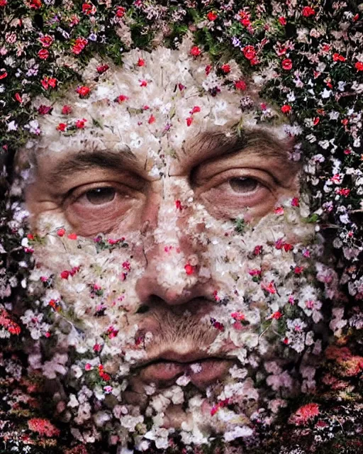 Prompt: viktor orban's face, made of wildflowers, in the style of the dutch masters and gregory crewdson, dark and moody