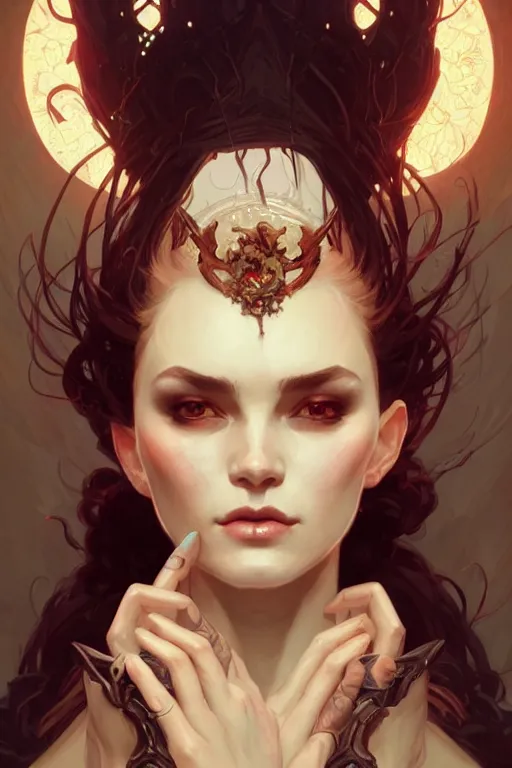 Image similar to a beautiful necromancer woman, fantasy, portrait, sharp focus, intricate, elegant, digital painting, artstation, matte, highly detailed, concept art, illustration, ambient lighting, art by ilya kuvshinov, artgerm, Alphonse mucha, and Greg Rutkowski