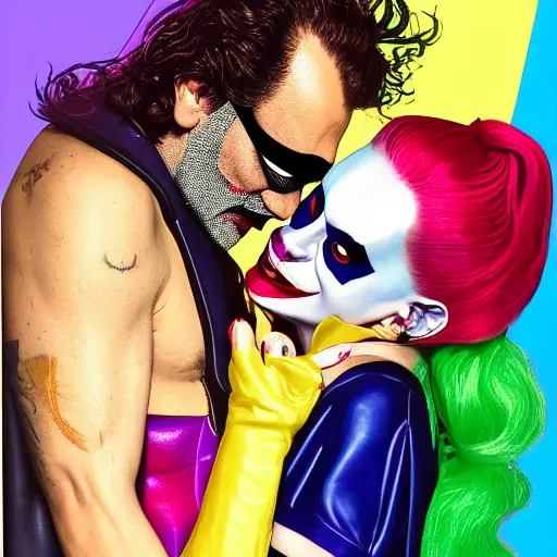 Image similar to richard hamilton and mimmo rottela as lady gaga harley queen and joaquin phoenix joker kissing, pop art, medium long shot, 2 color, separate content, object details, dynamic composition, 4 k, ultra realistic art, smooth, sharp focus, illustration, concept art, intricate details, h 7 6 8