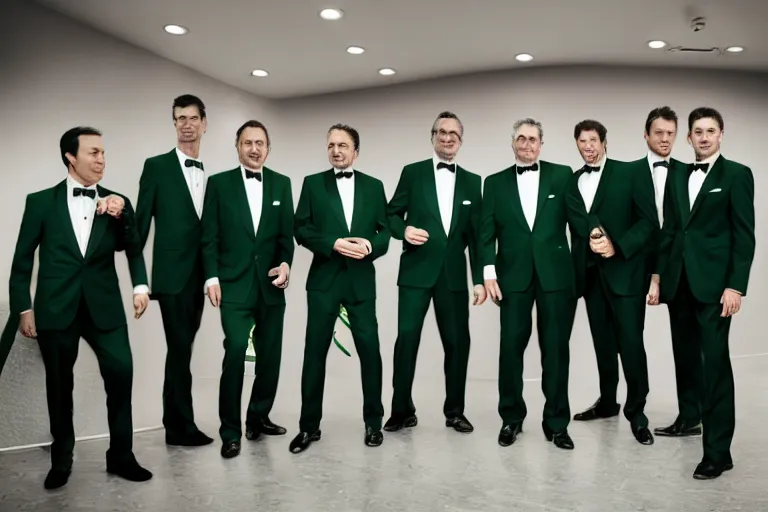 Image similar to 5 handsome middle-aged men dressed in tuxedos standing in a green room