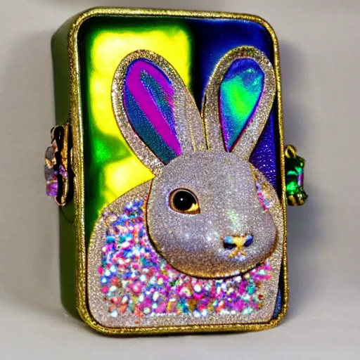 Image similar to iridescent bunny with rainbow colored crystals and gems in the king's treasury.