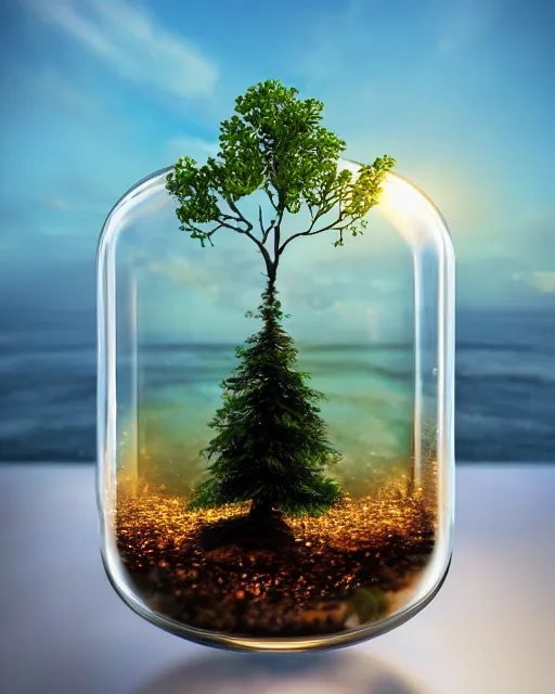 Prompt: glass jar with a miniature tree on fire inside the jar, standing on a cliff, bokeh, ocean in the background, metal lid, dramatic lighting, hyperrealistic, cgsociety, artstation, 8 k, highly detailed, beautiful digital art