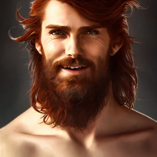 Image similar to portrait of a young ruggedly handsome but joyful pirate, male, masculine, upper body, red hair, long hair, d & d, fantasy, seductive smirk, intricate, elegant, highly detailed, digital painting, artstation, concept art, matte, sharp focus, illustration, art by artgerm and greg rutkowski and alphonse mucha