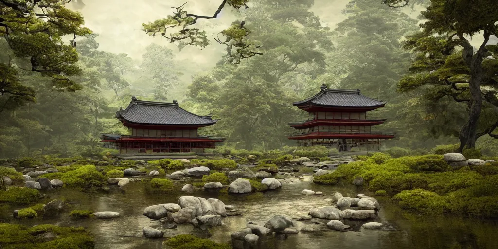 Image similar to a ancient japanese temple in the middle of a forest mear a small river, extremely highly detailed, high quality, 8K HDR, octane render, unreal engine 5, hyperrealistic, concept art, trending on Artstation, dramatic lighting, cinematic, high coherence, path tracing, ruins, clouds in the sky