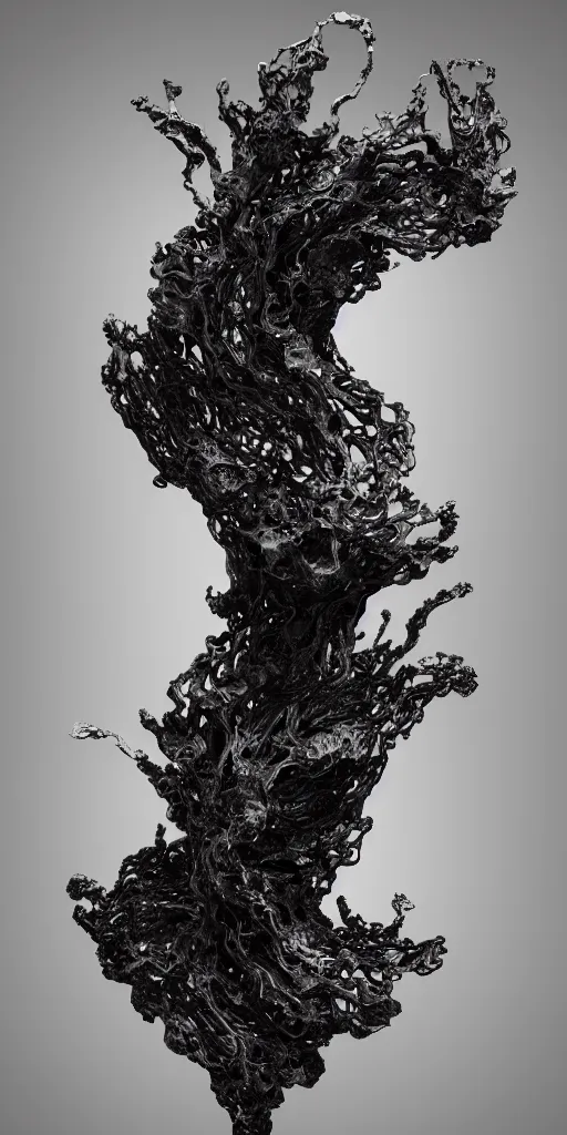 Image similar to a photorealistic render of a topographic sculpture made of melted metal and bioluminescent beings on a black background, c 4 d, by zhelong xu ouchh studio and ernst haeckel, wide angle, hyper realistic, plain black background, 8 k, volumetric lightning, octane render
