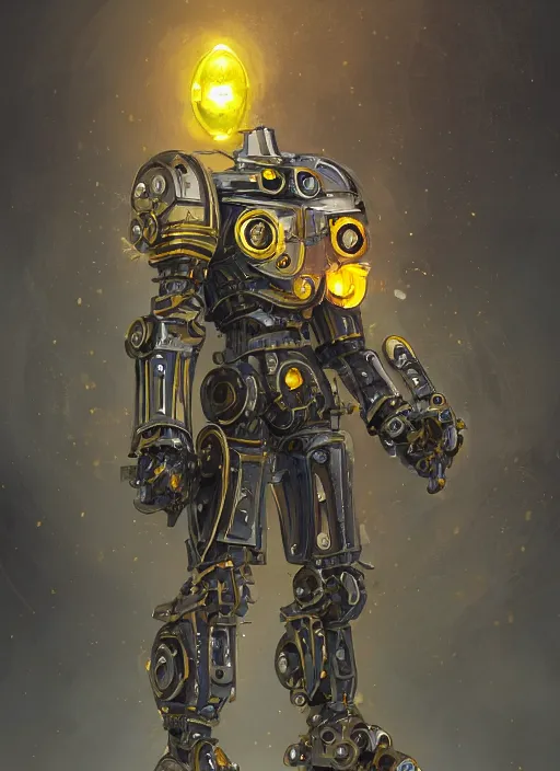 Image similar to full body, dynamic attack position abstract portrait of a intricate glorious holy mechanical warforged with circular glowing eye, character in yellow armor holding a paladin engraved great longsword drawn and carrying a big paladin shield, vertically flat head, face in focus, pit droid, epic , trending on ArtStation, masterpiece, cinematic lighting, by Ross Tran and by Greg Rutkowski