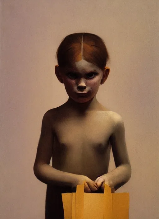 Image similar to child portrait with a paper bag over the head Edward Hopper and James Gilleard, Zdzislaw Beksinski, highly detailed