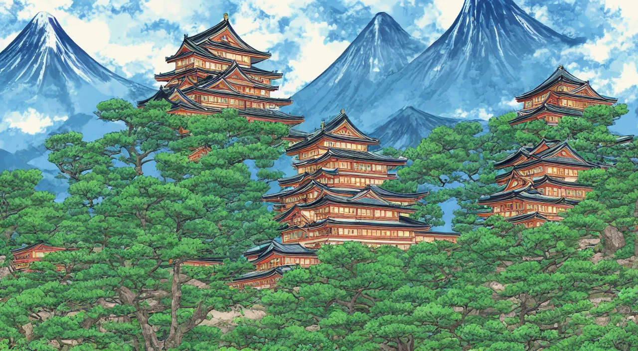 Image similar to a Japanese castle, with a garden as foreground, with mountains as background, in the style of anime