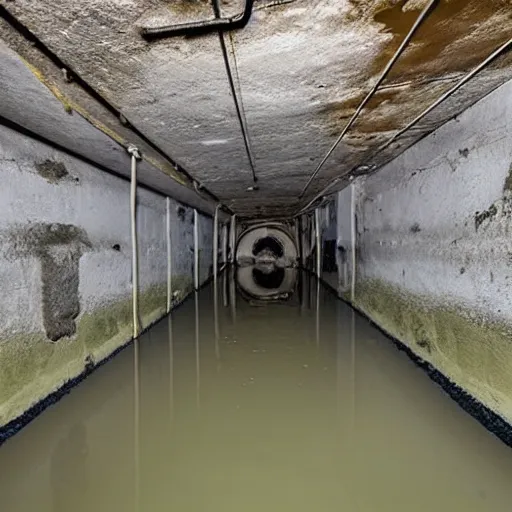 Image similar to deep underground bunker, flooded, dirty water, dense rusty pipes network, dense cables network, mold