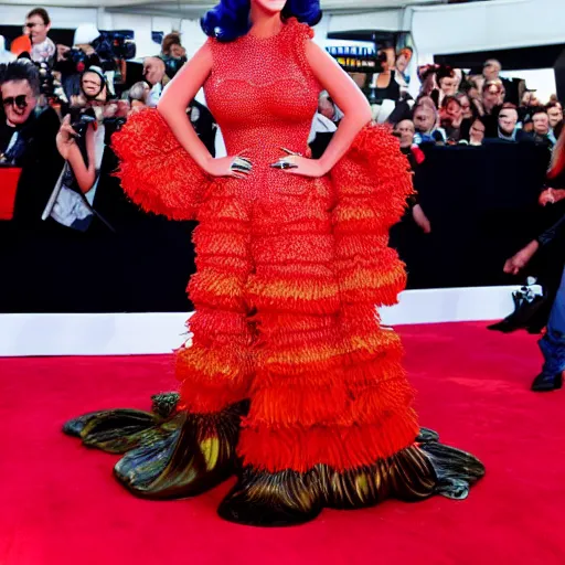 Image similar to katy perry in burger dress. red carpet photograph, paparazzi, octane render, 4 k