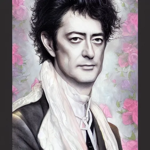 Image similar to amazing artgerm portrait of jimmy page in his 5 0 s as a preraphaelite painting, collaboration with j. scott campbell and artgerm with edward burn jones