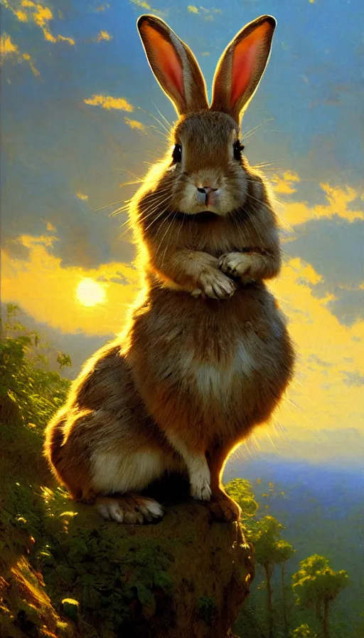 Image similar to hyper realistic rabbit looking off of a cliff, sun setting behind rabbit, lush forest in valley below, painted by james gurney, gaston bussiere, craig mullins, j. c. leyendecker 8 k