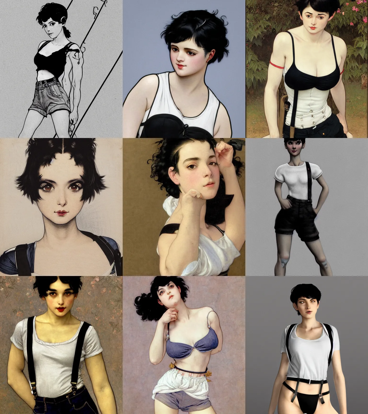 Prompt: lineart of a woman with black hair pixie cut in shorts with suspenders and white t-shirt drawn by anime, Alexandre Cabanel, norman rockwell, peter paul rubens, caravaggio, frank frazetta, alphonse mucha, gustav klimt 4k, unreal 5, DAZ, french noveau, trending on artstation, octane render, hyperrealistic