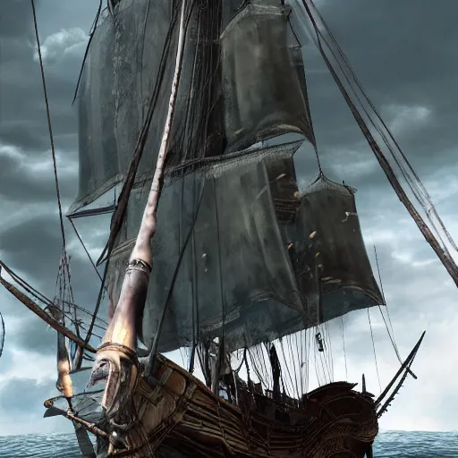 Image similar to pirate captain hunter from bloodborne on a sailing vessel, the view is from behind, bloodborne trick weapons, ocean, dark, stormy, gothic horror, renaissance painting, michelangelo