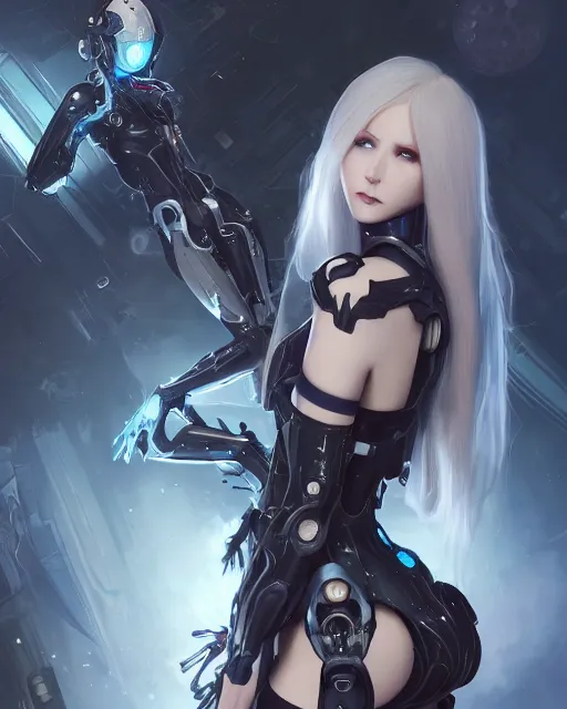 Image similar to holy cyborg necromancer girl, elegant, perfect face, scifi, futuristic, utopia, garden, illustration, atmosphere, warframe, blue eyes, white hair, artstation, nier automata, highly detailed, art by yuhong ding and chengwei pan and serafleur and ina wong