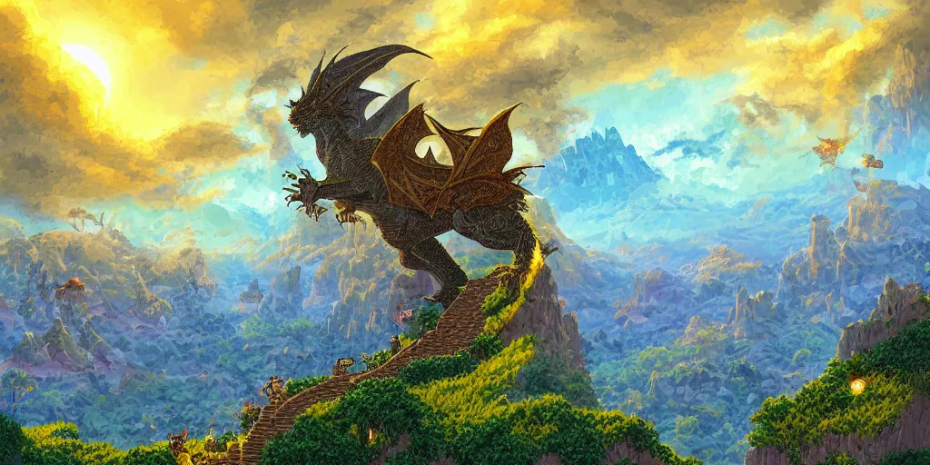 Prompt: pixel art landscape of a dragon flying around an elven magicians tower with bright light shining from top, strange magic, beautiful rolling hills, sunset, cliffs, warm light, artstation, deviantart