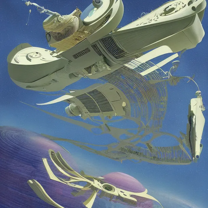 Prompt: tropical spacecraft, science fiction, extremely detailed, pastel colors, intricate, hard light, flat, illustration, volumetric lighting, digital painting, by roger dean, by santiago calatrava, by corbusier