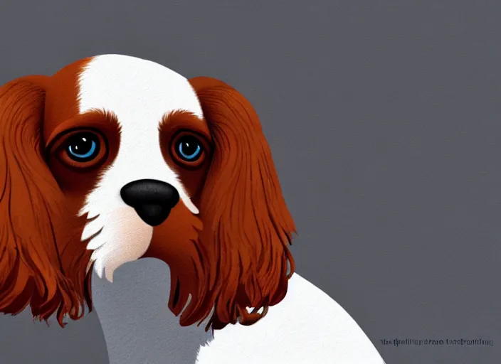 Prompt: concept art for the main character in the award winning film named pups on a pillow. the character is a handsome / caviler king charles spaniel / with blenheim fur. realistic cg render, anatomically correct, high key lighting, trending on art station, vibrant colors.