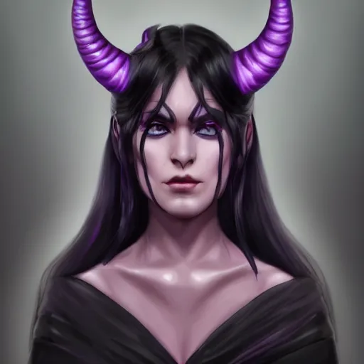 Prompt: a portrait of a tiefling with light purple skin and black hair, symmetrical black horns stunning digital painting trending on artstation