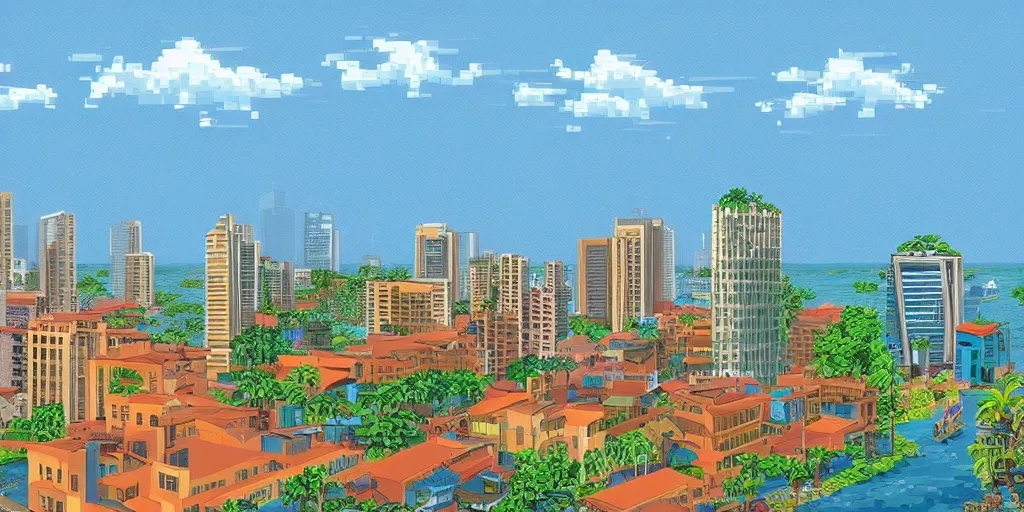 Prompt: colombo sri lanka cityscape, ocean, pixel art