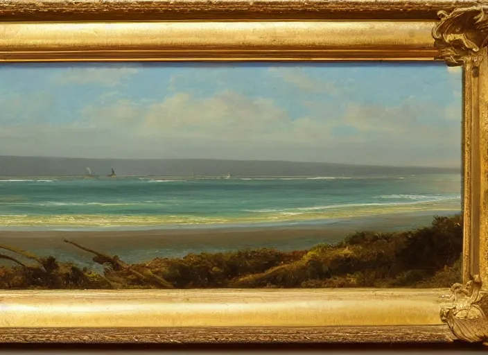 Image similar to omaha beach, normandy in the style of hudson river school of art, oil on canvas